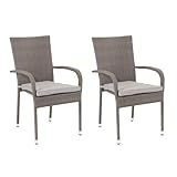 LOLAhome Pack 2 Sillas de ratán Resistente con Cojín Impermeable | Apilables, con Brazos | De ratán Gris Taupe | para Exterior, balcón, terraza y jardín | Marlene