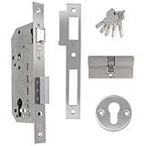 Amig - Cerradura de Embutir con Cilindro de Seguridad y Bocallave + 5 Llaves - Para Puertas de Madera de Entrada - De Acero Cromado - Picaporte Reversible - Para Manillass de 8 mm