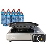 KEMPER - Barbacoa Grill 2 en 1 estufa de gas piezoeléctrico 2200 W + placa grill + 8 cartuchos de gas Butane Camping