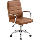 Yaheetech Silla Giratoria de Oficina Sillón de Trabajo con Respaldo Tapizado Asiento Cuero Sintético Altura Ajustable Marrón