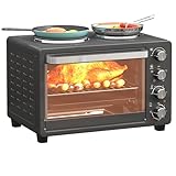 HOMCOM Mini horno 28 L 2600W Mini horno 100-230℃ Temporizador de 60 min., con 2 placas calefactoras, bandeja de horno y grill Horno para pizzas con bandeja recogemigas, asa para bandeja Negro