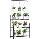 Outsunny Estantería para Plantas de 3 Niveles Soporte para Plantas con Ganchos de Metal Barra para Colgar Soporte para Macetas para Interior y Exterior Negro