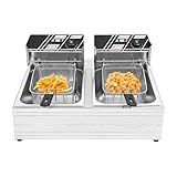 WOQLIBE Freidora doble, 12 L, con 2 cestas, temperatura ajustable (60 – 200 ℃), freidora gastro para cocina, restaurante, salón de comida – Plata (2,5 kW + 2,5 kW, 220 V)
