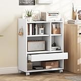Giantex Estantería de Libros con 5 Compartimentos Abiertos y 1 Cajón, 63,5 x 30 x 84,5 cm, Armario de Almacenamiento con 4 Ruedas y 2 Ganchos Laterales, Archivador para Oficina, Salón (Blanco)