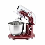 H.Koenig KM80 Cocina Profesional Multifunción 5.5L Acero Inoxidable Rojo, Robot pastelero de 4 Velocidades, Batidor, Mezclador, Gancho Amasador, Tapa Antisalpicaduras, Potente 1000W, 1000 W