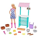 Barbie y su Mercado Rubia Muñeca Profesiones con Puesto de Venta de Frutas y Verduras con Accesorios, Juguete +3 años (Mattel HCN22)