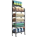BDYWLWP Estante de Aperitivos del Supermercado de 5 Niveles, Estantes de Exhibicidón de Metal con Ruedas, Grande Estante para Aperitivos con 15 Ganchos para Tiendas, Supermercados, Cocinas