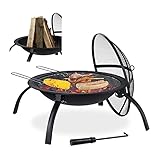 Relaxdays Brasero para jardín, Parrilla de Barbacoa, Atizador, Tapa contra chispas, Cuenco para hogueras, 56,5 cm, Negro