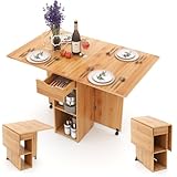 LIFEZEAL Mesa de Comedor Plegable 3 en 1, 120x77cm, Mesa de Cocina para 4-6 Personas, Mesa Extensible con 2 Ruedas, 1 Cajón, 2 Estantes, para Comedor, Sala de Estar (Natural)