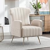 WASAGA Casual Single Sofa, Terciopelo Wingback Silla Decorativa con Piernas Doradas Metálicas Sillón Acolchado Salón Dormitorio Oficina Silla de Lectura Suave y Cómodo Respaldo Alto (Beige)