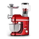 Klarstein Batidora Amasadora con Bol 5L para Hornear, Robot Cocina, Amasadora Reposteria 1800W, Picadora Carne, Gancho y Bol para Mezclar, Licuadora 1,5L con 6 Velocidades Postres y Panaderia