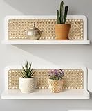 Mazjoaru Estante de Pared Blanco Boho, Estantes de Ratan, Decoración Rústica Moderna de Madera, Estantes Montados en la Pared para Sala de Estar, Habitación Infantil y Dormitorio.