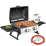 Outsunny Barbacoa de Gas con 2 Quemadores de Acero Inoxidable 2,8 KW Barbacoa Portátil con Mesas Laterales Plegables Bandeja Extraíble y Termómetro para Pícnic Camping 101x48x41 cm Negro