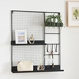 [en.casa] Panel de Rejilla Mural con 2 Estantes 3 Ganchos y 1 Caja Tablero recordatorio para Notas Listas de Tareas Fotos para Cocina Oficina Multifuncional Metal 70 x 60 x 11 cm - Negro