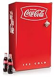 Nostalgia Coca-Cola - Refrigerador con congelador, 3.2 pies cúbicos, temperatura ajustable que enfría hasta 32 grados, abrebotellas, bandeja de cubitos de hielo, raspador incluido, rojo