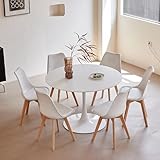 TTATC Mesa de Comedor con Juego de 6 Sillas, Mesa de Comedor Moderna Rectangular, 6 Sillas de Comedor con Patas de Madera de Haya, para Cocina, Sala, Comedor, Blanca
