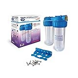 Filtro de agua doble de 10'. Incluye Porta Filtro de doble Vaso, Soporte de Porta Filtro para pared y Llave de Porta Filtro. Fácil Instalación y Mantenimiento. Bbagua.