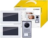 Vimar K40931 Kit videoportero de superficie para 2 famillas con: 2 videoporteros LCD 7in altavoz con teclado capacitivo, placa audio/vídeo de 2 botones, 2 alimentadores, con estribos de fijación