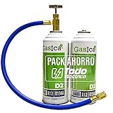 Pack ahorro GASICA D2 (2 botellas de 226Gr) Gas Refrigerante Ecológico Orgánico Gasica D2 sustituto de R12, R134A más manguera con llave recarga Gas
