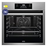 AEG BES331111M Horno Multifunción, 72 L, Limpieza AquaClean, 9 funciones, Cocción Uniforme, Ventilador XXL, Reloj Electrónico + Mandos, Antihuellas, Bandeja XXL, Inox, Clase A, Fabricado en UE