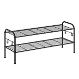 SONGMICS Zapatero, Organizador Zapatos de 2 Niveles, Estante Metálico para Zapatos con 4 Ganchos Laterales, para 10 Pares, Altura Ajustable para Entrada, Pasillo, Armario, Fácil Montaje, Negro Tinta
