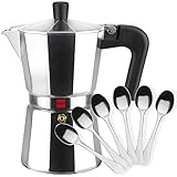 MAGEFESA ® Kenia cafetera italiana con capacidad para 3 tazas, 150 ml, fabricada en aluminio esmaltado, cafe, apta para todo tipo de cocinas, EXCEPTO INDUCCIÓN (Cafetera 3 Tazas + 6 Cucharas moka)