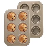 Juego de 2 moldes de acero para 6 magdalenas, bandeja para hornear antiadherente, ideal para magdalenas, magdalenas, tartas y pudín