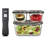 CASO Vacu OneTouch Eco-Set - Aspirador manual al vacío de Alimentos incluye 3 recipientes de vidrio y 10 bolsas ZIP - con hasta 150 minutos de autonomía - Envasadora al vacío doméstica - negro