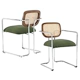 Wahson Sillas de Comedor Moderna Juego de 2 Sillas de Cocina con Patas Aceros,Sillas de Salón Respaldo de Ratán con Reposabrazos para Hogar/Restaurante,Verde Lino