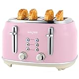 Salter Retro Tostadora de 4 Rebanadas – Ranuras Anchas, 6 Niveles, Descongelar, Recalentar, Cancelar, Bandeja removible para Migas, Expulsión Elevada, Auto-Centrado, 1630W, Rosa, EK5739PNKVDE