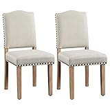 Yaheetech 2PCS de Sillas de Comedor de Respaldo Alto, Sillas de Cocina, Piernas de Madera Maciza, Diseño Clásico, Reposabrazos con Botones de Bronce y Asientos Acolchados Beige