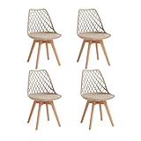 JZGORC Juego de 4 Sillas de Comedor, Silla de Cocina con Respaldo de Malla Calada y Patas de Madera de Haya, Silla de Salón con Cojín de Cuero PU para Sala de Estar, Comedor, Cocina-Caqui