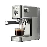 EVVO Cafetera Express Intensa, Presión de 20 bares, Cuerpo de Acero, Espressos y Capuccinos, 1350W, Doble salida, Portafiltros, Depósito de 1,2 l, Calentamiento Rápido (Steel, Con manómetro)