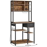VASAGLE Estantería de Cocina con Multienchufe, Armario de Cocina con Estantes Ajustables, Cajón de Tela, 12 Ganchos, 40 x 80 x 180,4 cm, Estante de Microondas, Marrón Rústico y Negro Tinta KKS015K03