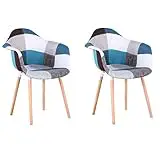 BenyLed Juego de 2 Sillas de Comedor, Sillas de Cocina con Apoyabrazos y Patas de Madera de Haya, Sillas Patchwork para Comedor, Salón, Dormitorio, etc. (Azul)