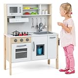 COSTWAY Cocina de Juguete para Niños, Cocinita Infantil de Madera con Microondas, Campana Extractora, Estufas, Fregadero de Juguete, Horno, Fabricador de Hielo y 18 Accesorios (Blanco)