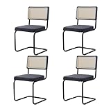 BenyLed Pack 4 Sillas de Comedor Estilo Nórdico Silla Escandinava; Sillas de Cocina Modernas con Respaldo de Madera Maciza de Ratán y Asiento Tapizado (Negro Polar)