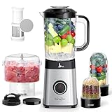 Sangcon 5 en 1 Batidora de Vaso Combinación, Smoothie maker, procesador de alimentos para batidos y batidos de carne picada, molienda, vaso de 40 oz y 17 oz taza con tapa TO-Go, Acero Inoxidable