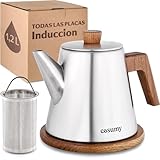 Cosumy Tetera con Filtro y Posavasos - 1,2 litros - Hervidor para inducción y todo tipo de cocinas - Acero Inoxidable y madera certificada FSC