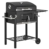 Outsunny Barbacoa de Carbón con Ruedas Barbacoa con Tapa Parrillas de Acero Inoxidable Termómetro Brasero Ajustable Bandeja Lateral y Estante 113x65x108 cm Negro