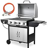 4+1 Quemadores Barbacoa a Gas con Quemador lateral, Acero Inoxidable BBQ Gas con Termómetro, Parrilla Gas con Mesas Laterales, 14,05 KW Quemador de Alto Rendimiento para Jardines Fiestas Acampar