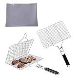 2 cestas portátiles para barbacoa, cesta plegable para pescado, cesta de red plegable de acero inoxidable con asa de madera extraíble para pescado asado, brochetas, verduras, filetes y camarones