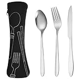 Cubiertos Acero Inoxidable, Cuchillo Tenedor Cuchara Cuberteria, Juego de Cubiertos para 1 Personas Portátil, Cubiertos para Llevar, Cubiertos Camping para Escuela Oficina Acampar Viajes (Negro)