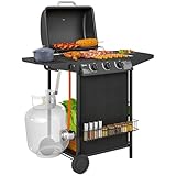 Outsunny Barbacoa de Gas BBQ Gas con 3+1 Quemadores 9,5 kW Barbacoa Portátil con Termómetro Mesa Lateral Estante Especiero Parrilla Recogedor de Grasa 2 Ruedas para Jardín Exterior Camping Negro