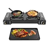 Hornillo de gas portátil con placa de parrilla, hornillo de camping de 2 quemadores, estufa de butano para camping, trekking, picnic, RV