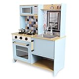 DEQUBE - Cocina de Madera 2 módulos diseño Moderno - Cocina de Juguete con Luces y Sonidos - Contiene Accesorios metálicos para el Juego - Tamaño 72X30X85 cm - Color Azul (913D00013)
