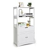 HOMASIS Estantería con 2 Puertas de Almacenamiento, Librería Independiente con 2 estantes de Madera Abiertas, Estante gabinete Vertical para salón, Dormitorio, Oficina, 60x32,5x122cm (Blanco)