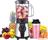 Moulinex Blend&Go - Batidora de vaso de 300 W, con jarra de 1,3 L y botella de plástico de 750 ml, 4 cuchillas extraíbles, acabado acero inoxidable, LM1B1D