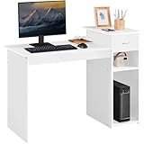 Yaheetech Mesa de Ordenador con Estantería 112x50x82cm Escritorio con Cajon para Computadora Escritorio Oficina Despacho Moderno Blanco