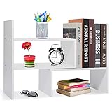 Voency Estantería pequeña de sobremesa, organizador de libros de madera, estantería ajustable y extensible para suministros de oficina, decoración del hogar y cocina